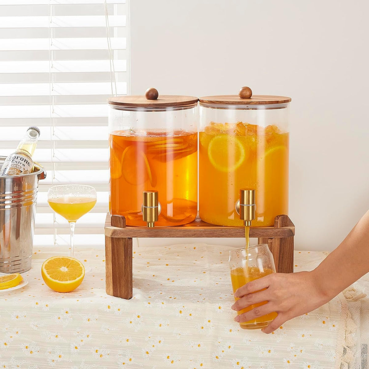 Glass Drink Dispenser for Party: 2p 1 Gallon Dispenser w/Stand - Set of 2