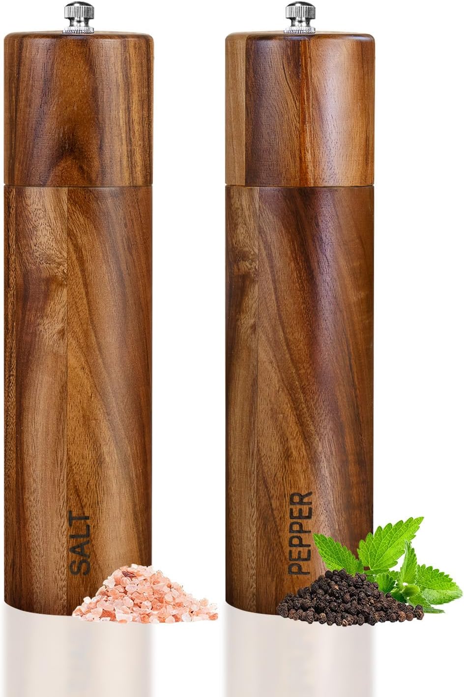 Acacia Wooden Salt and Pepper Grinder Set 8 Inches Refillable - Set of 2