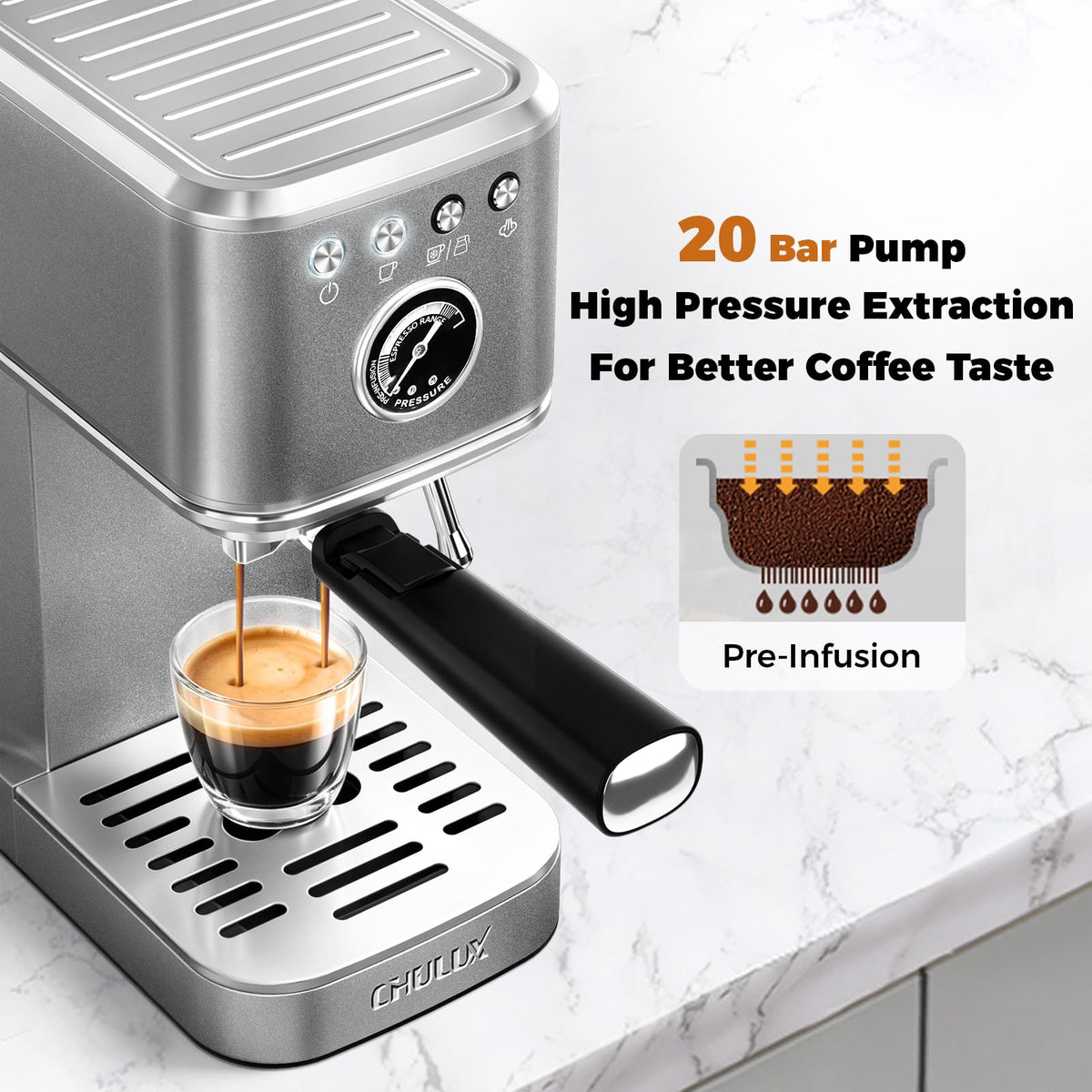 Elite Espresso Coffee Machine with Steam Wand for Cappuccino, Gray