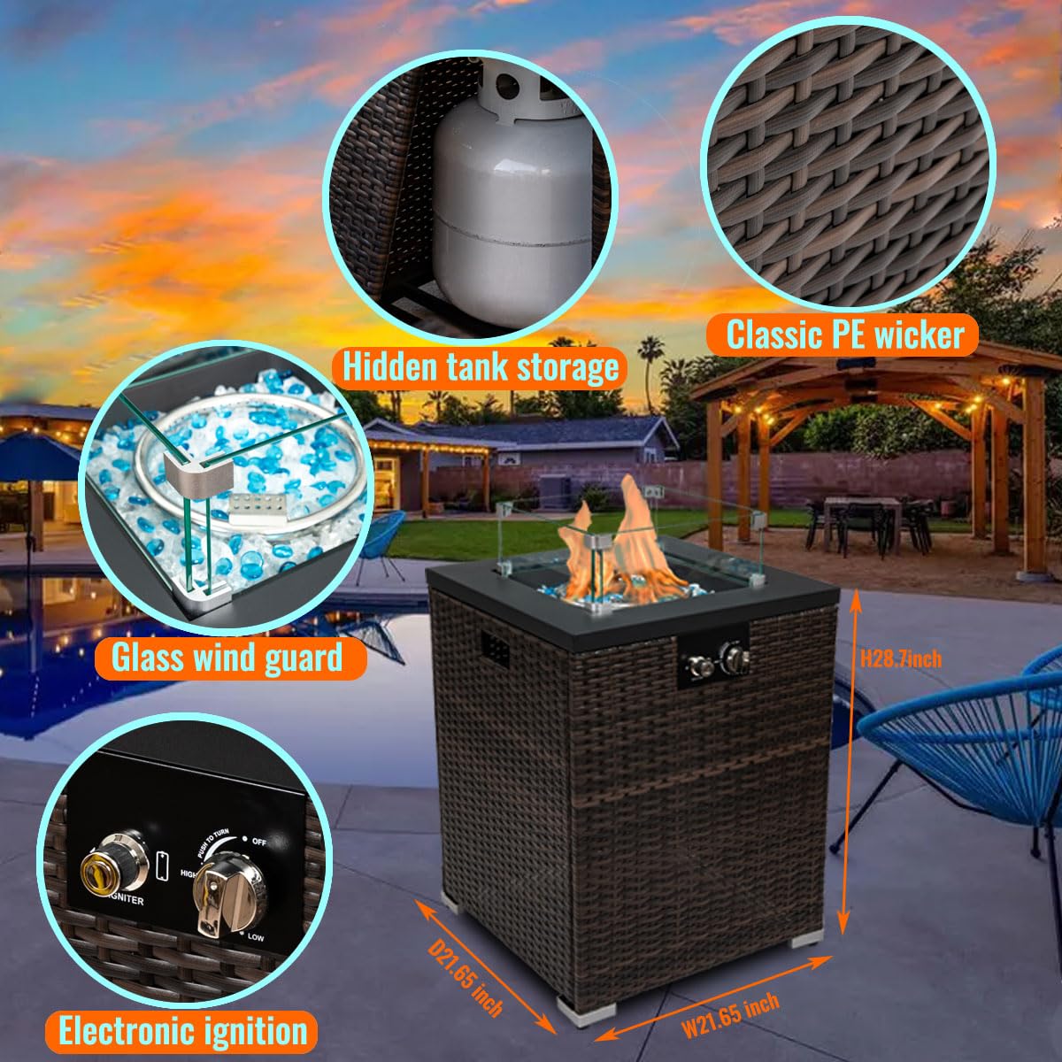 22in Outdoor Propane Gas Fire Pit Table, 40, 000 BTU Auto-Ignition Gas Firepit with Glass Wind Guard, Painted Steel