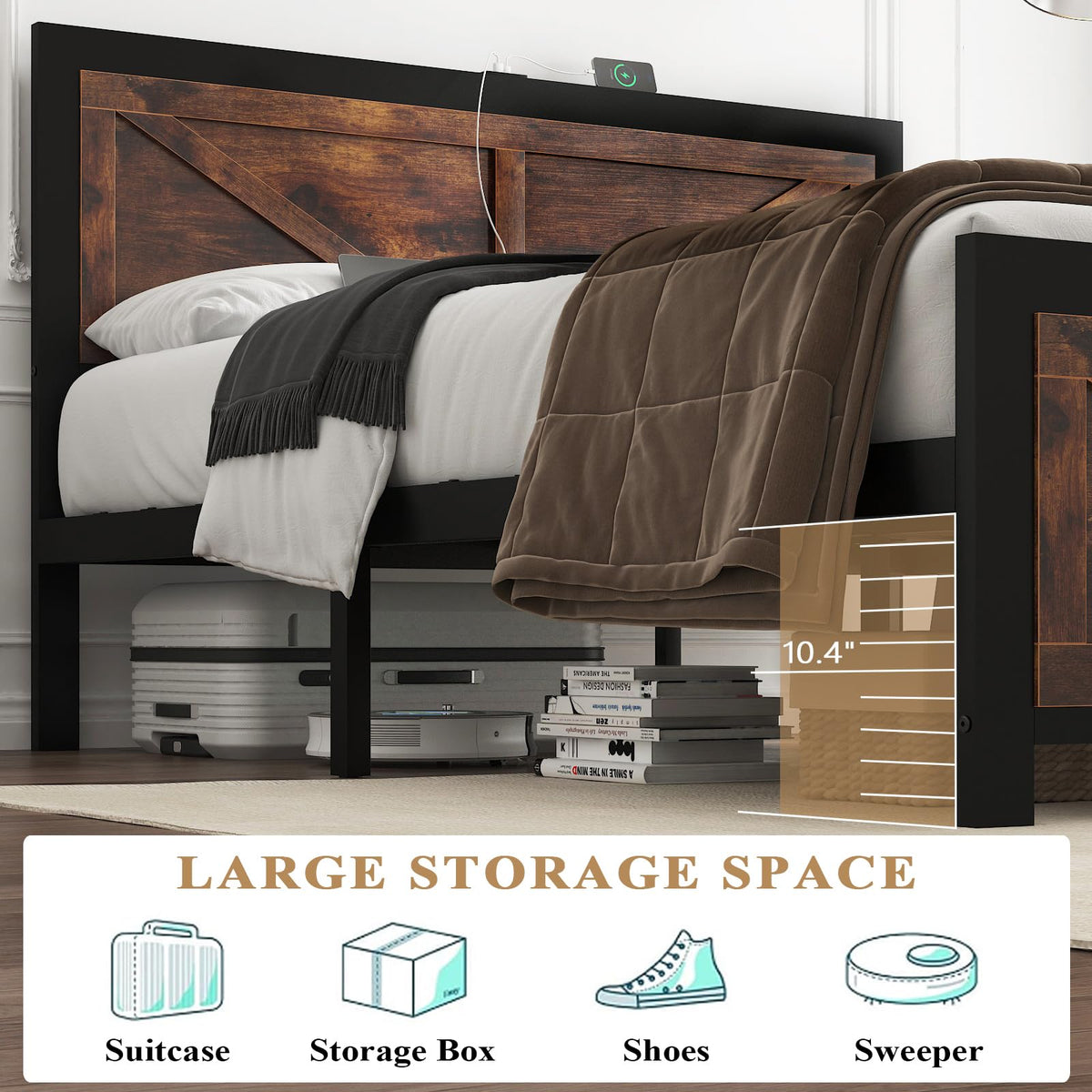 Led Bed Frame with USB Charging Station, Industrial Platform Bed Frame with Farmhouse Barn Door Headboard