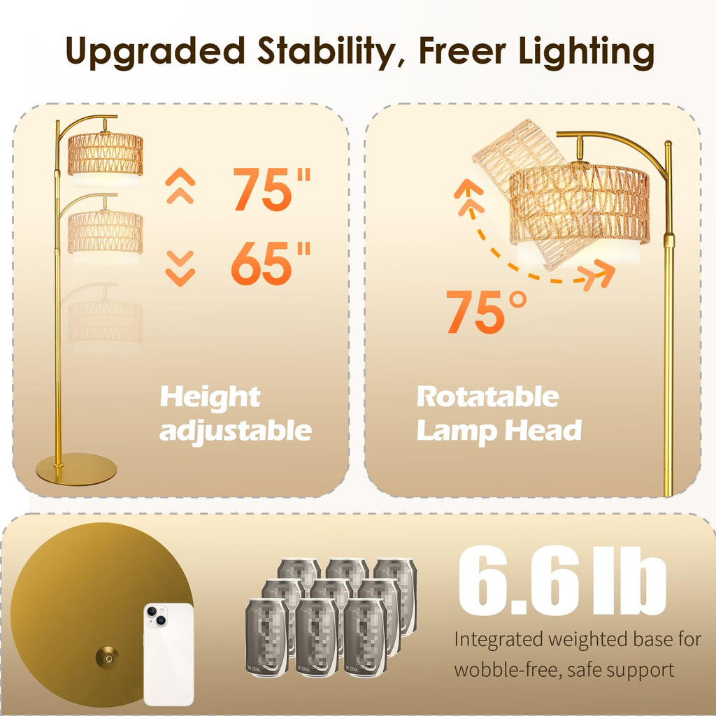 Rustic Woven Rattan Floor Lamp - Golden Finish, Arc Design, 12W LED (1 in use + 1 Spare), Remote & Dimmable 3-Color