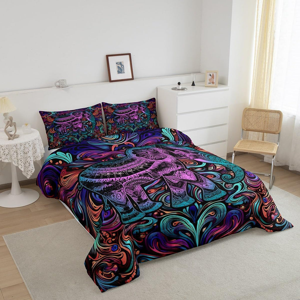 Elephant Comforter Set Full Size Safari Animal Bedding Set Neon Lines Bedding Comforter Sets Bohemian Paisley Duvet