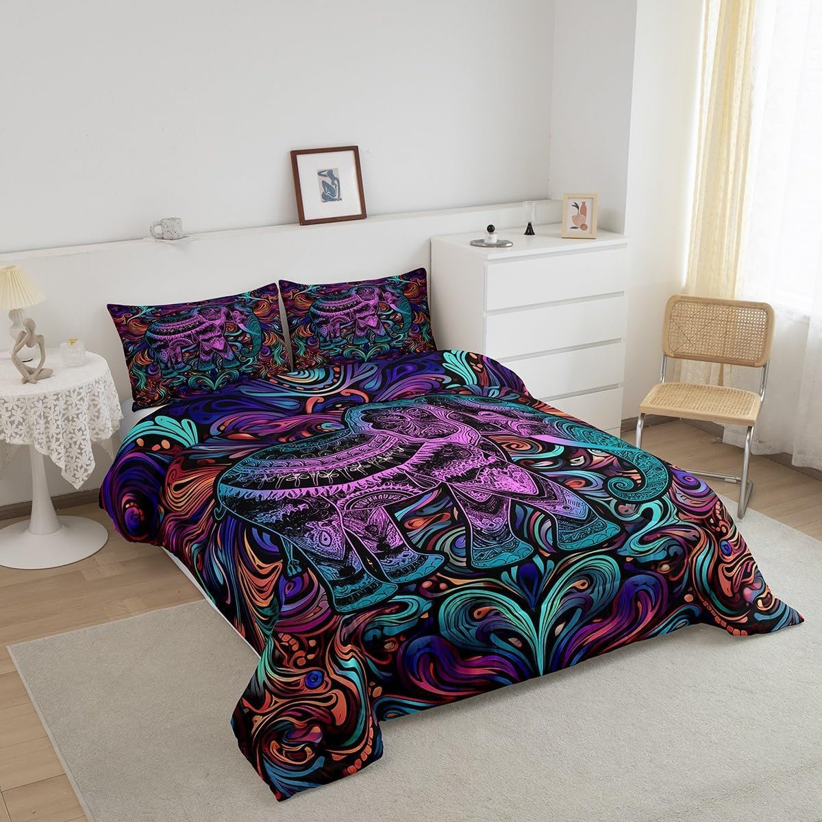 Elephant Comforter Set Full Size Safari Animal Bedding Set Neon Lines Bedding Comforter Sets Bohemian Paisley Duvet