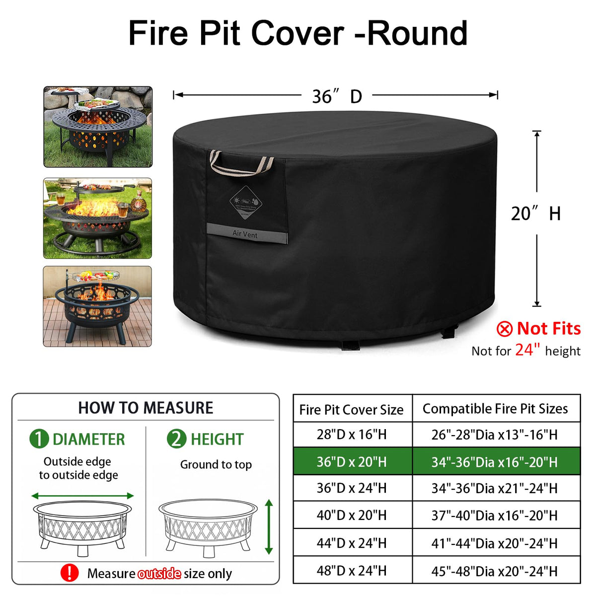 Fire Pit Cover Round 36", 600D Heavy Duty Fabric 100% Waterproof