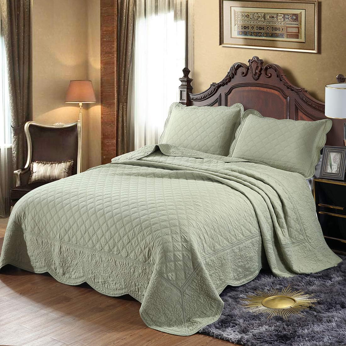 100% Cotton Floral Embroidered Quilt Set 3-Piece Oversize Reversible Diamond Pattern Quilted Bedspread