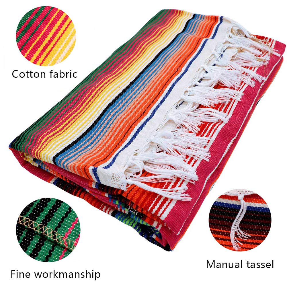 59 x 84 Inch Mexican Blanket Striped Tablecloth Large Square Fringe Cotton Mexican Serape Tablecloth for Mexican
