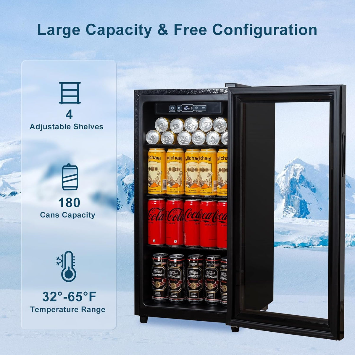 Beverage Refrigerator 180 Can, Black Beer Fridge with Glass Door, 3.2 Cu Ft Mini Fridge for Drinks
