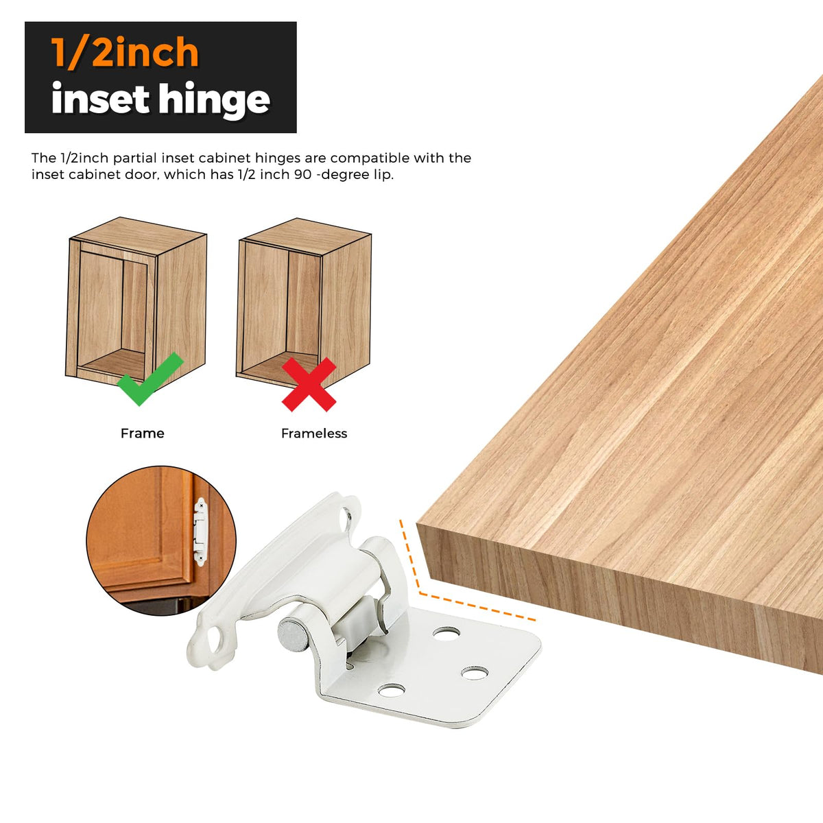 White Cabinet Hinges, 1/2 Inch Overlay, 60 Pack (30 Pairs)