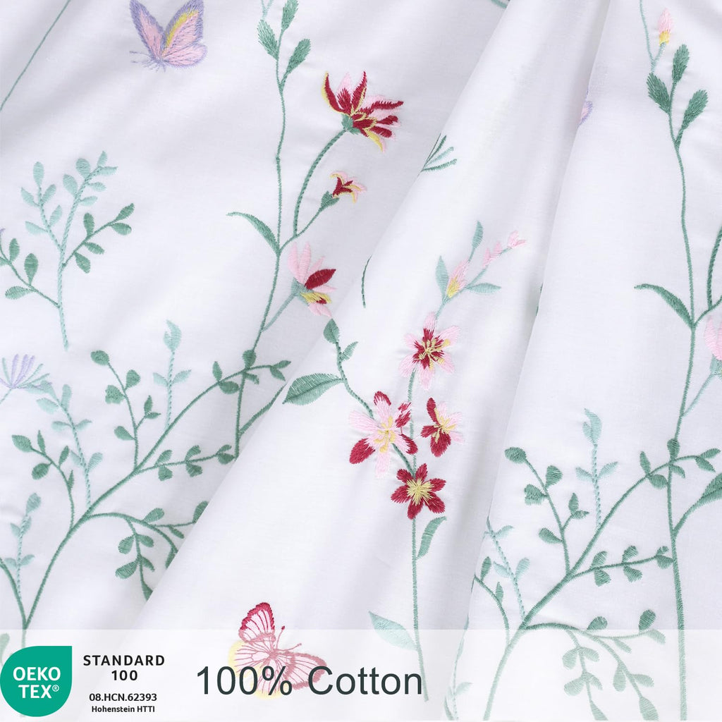 Floral Duvet Cover Set Embroidered Pink Spring Flower White Cotton