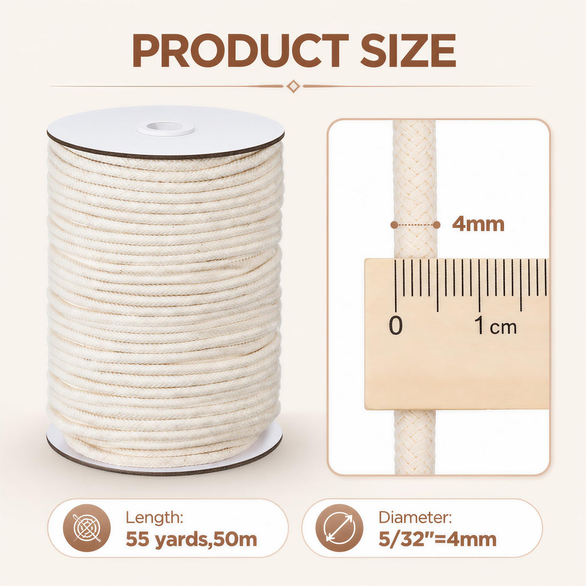 5/32" Piping Cord for Sewing,55 Yards Beige Soft Cotton Welt Cord