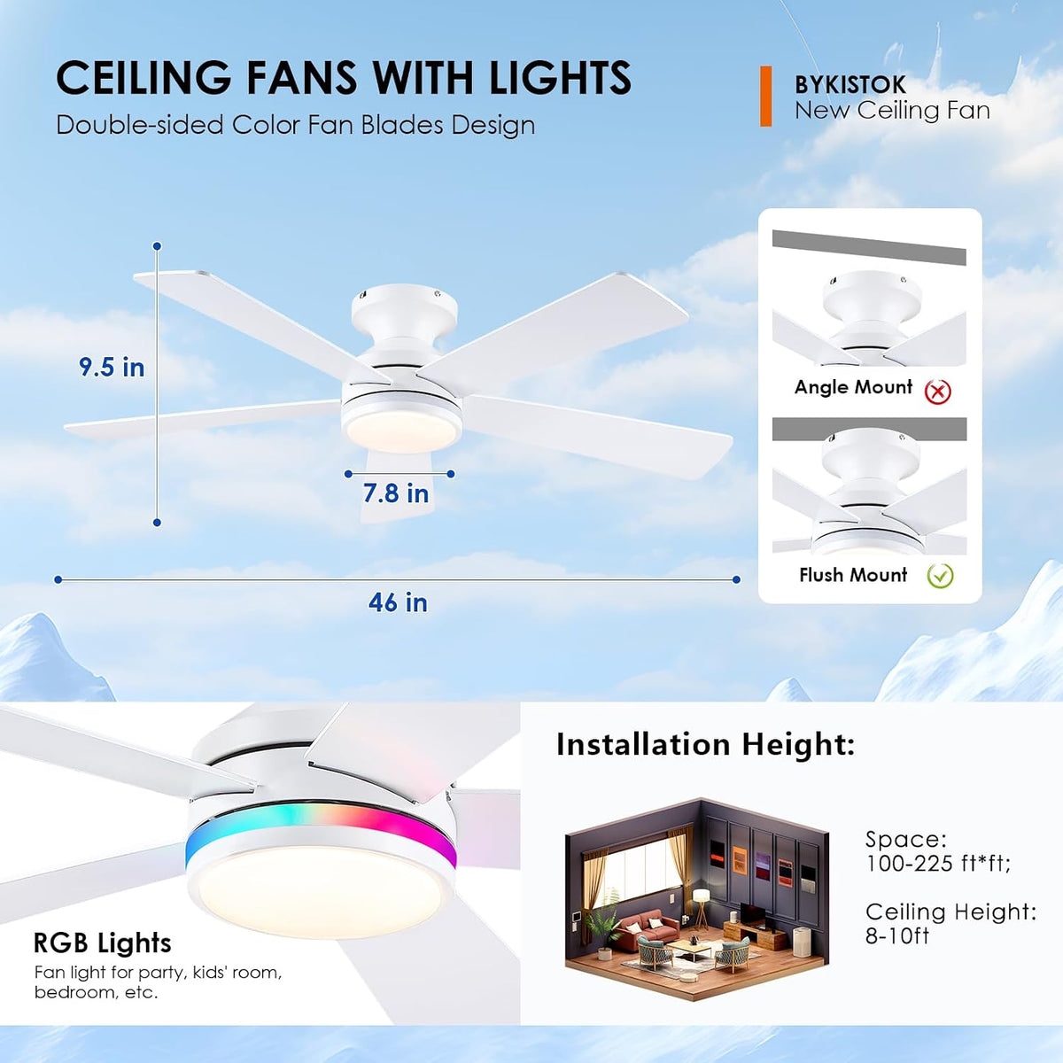 46" White Flush Mount Ceiling Fan with Light & Remote