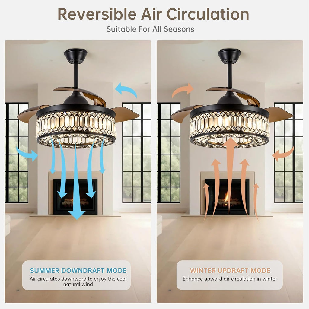 42" Black Chandelier Retractable Ceiling Fan with Light & Remote