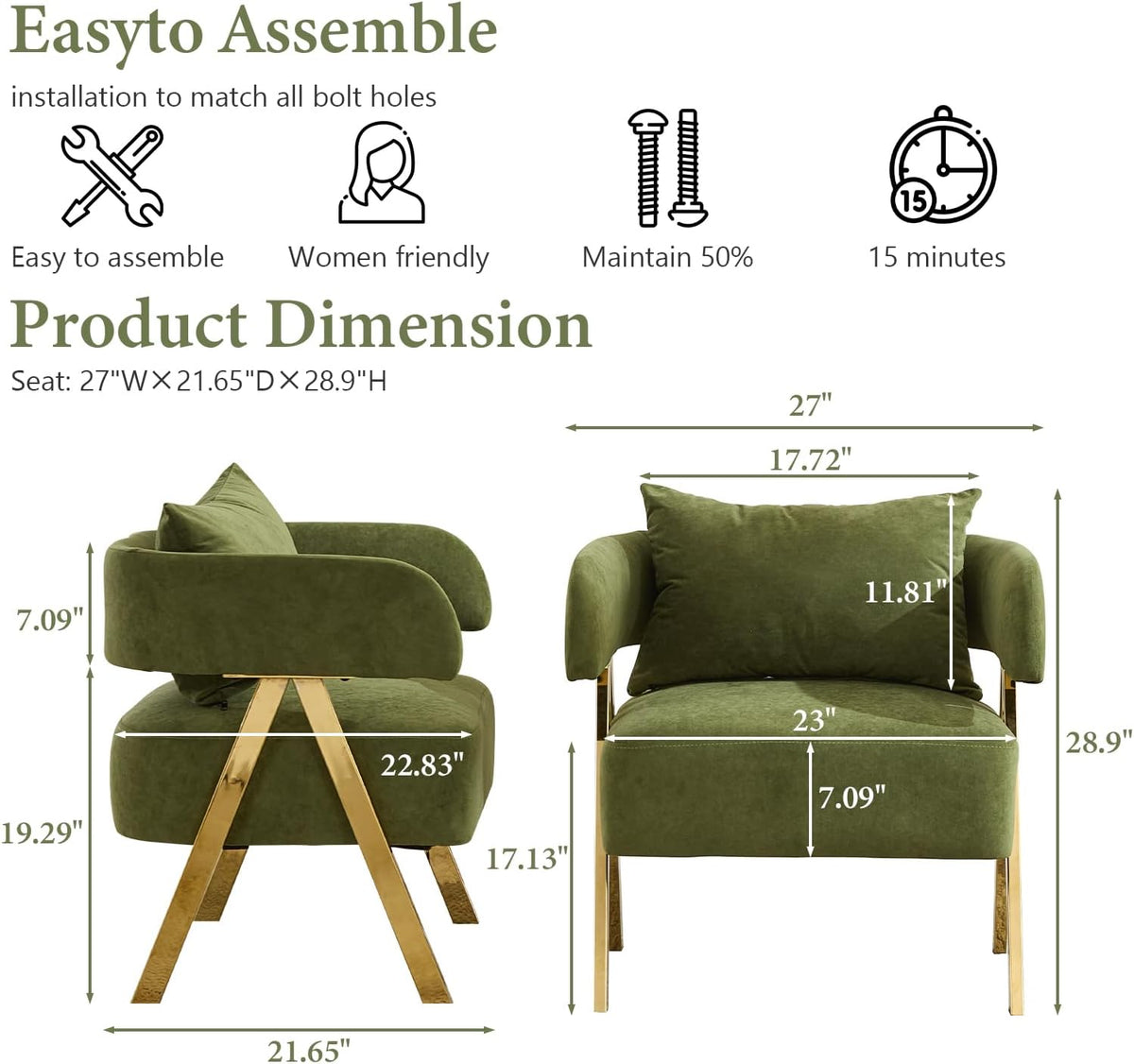 Modern Green Accent Chairs Set of 2, Velvet Barrel Accent Chair Bedroom, Comfy Reading Armchairs (2, Green)