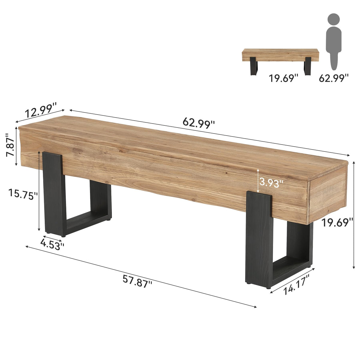 63-Inch Solid Wood Entryway Bench, Farmhouse Indoor Shoe Bench with Thickened Legs, Heavy Duty Wooden End of Bed