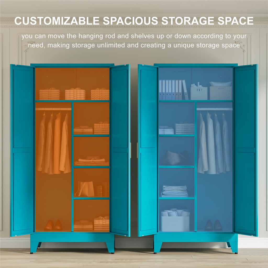 71" Tall Metal Wardrobe Closet with Adjustable Shelves and Hanging Rod, 2 Doors Office Storage Locker Cabinet
