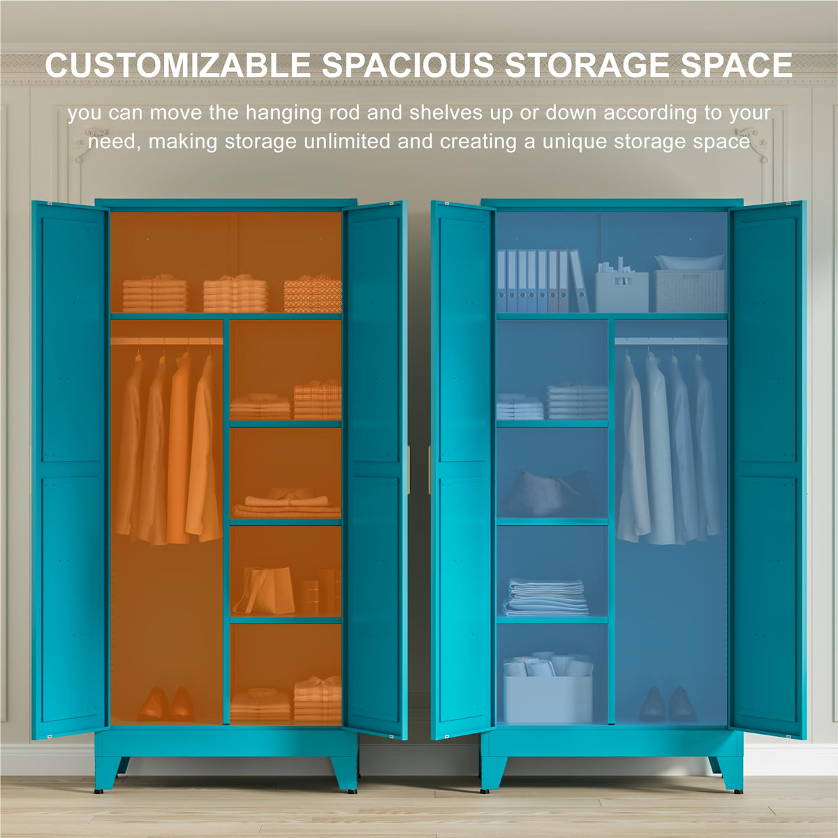 71" Tall Metal Wardrobe Closet with Adjustable Shelves and Hanging Rod, 2 Doors Office Storage Locker Cabinet