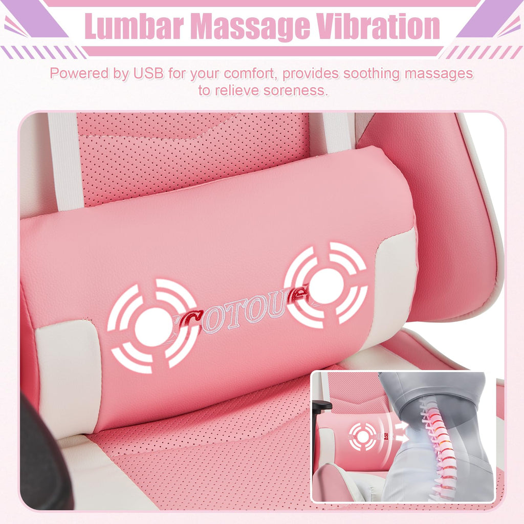 Pink-White Ergonomic PC Massage Gaming Chair