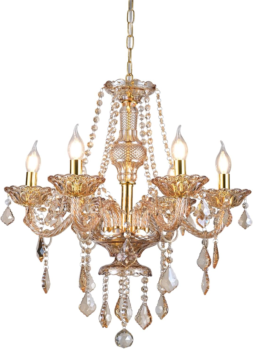 Six-Light Amber K9 Crystal Candle Chandelier with Warm Golden Glow
