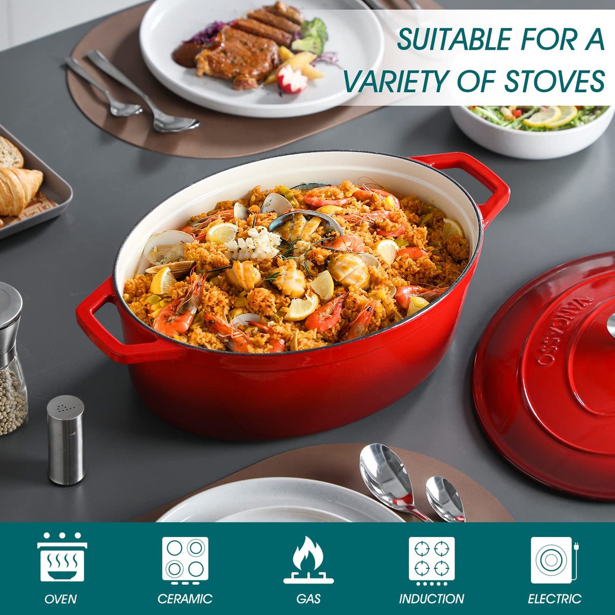 9.3 Qt Oval Enameled Cast Iron Dutch Oven with Lid, Red