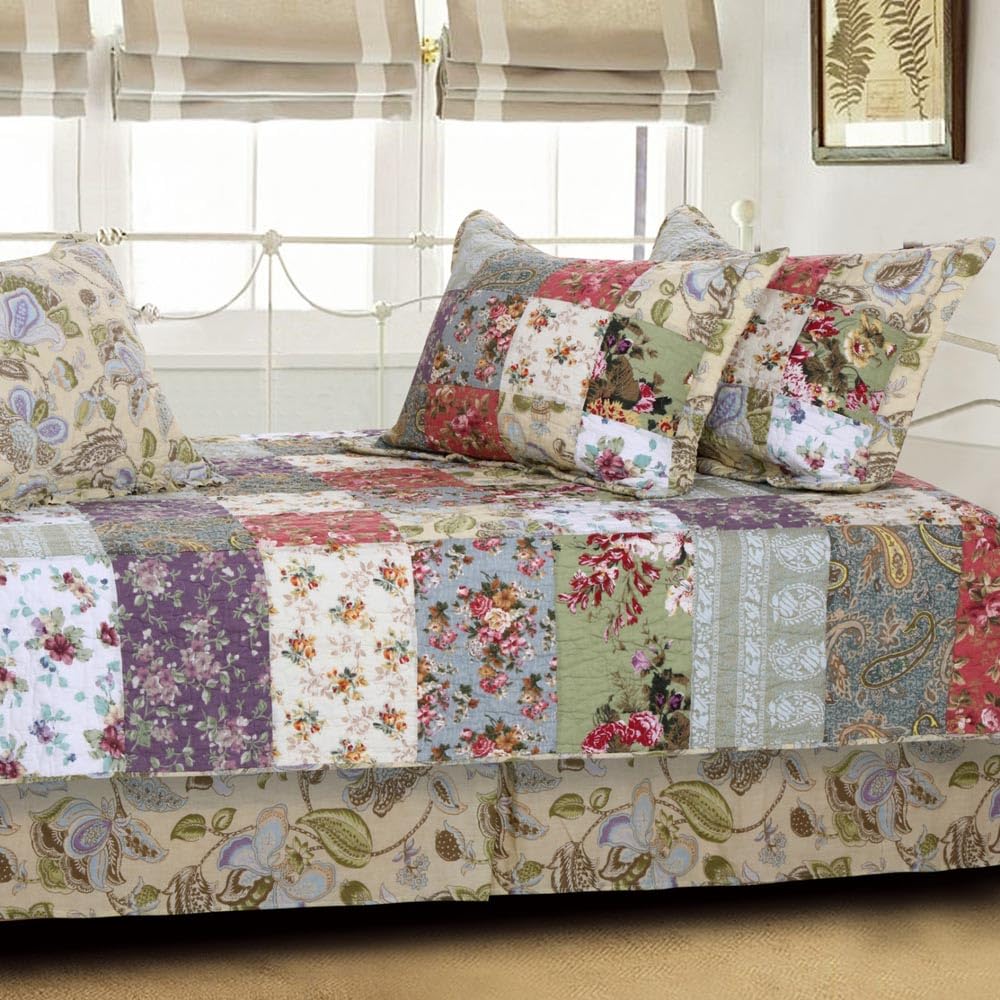 100% Cotton Authentic Patchwork Quilted Daybed Set, 7 Piece, Blooming Prairie