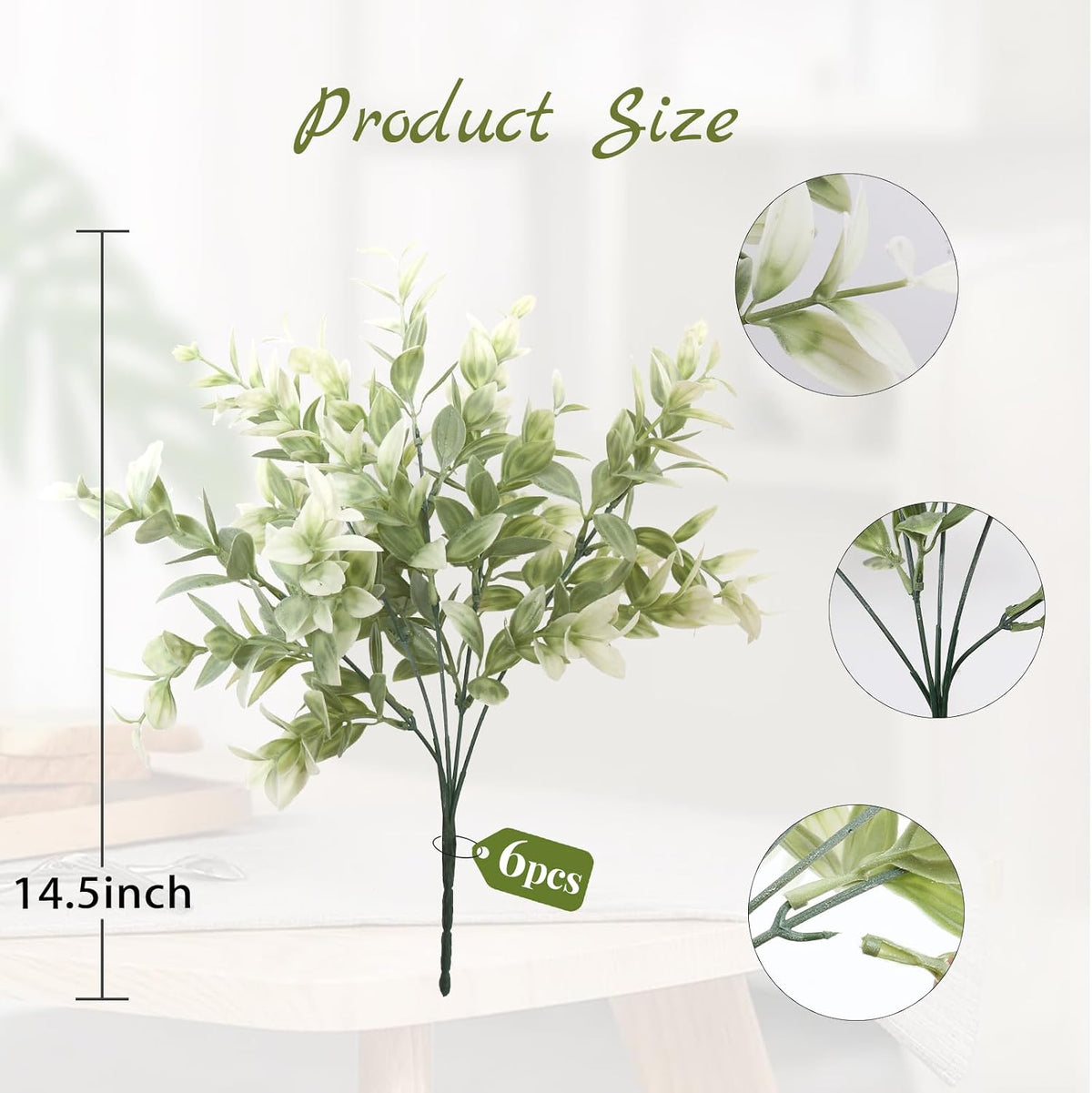 6 Bundles Artificial Greenery Stems, 14.5" Fake Lucky Bamboo Leaves Faux Outdoor Plants UV Resistant Plastic Shrubs