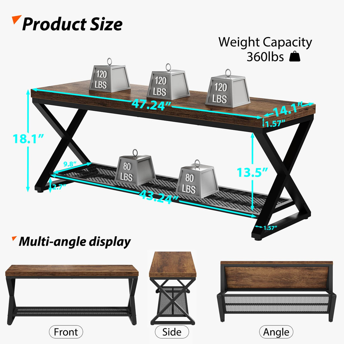 Rustic Brown Entryway Bench, 47" Industrial Shoe Bench with Storage