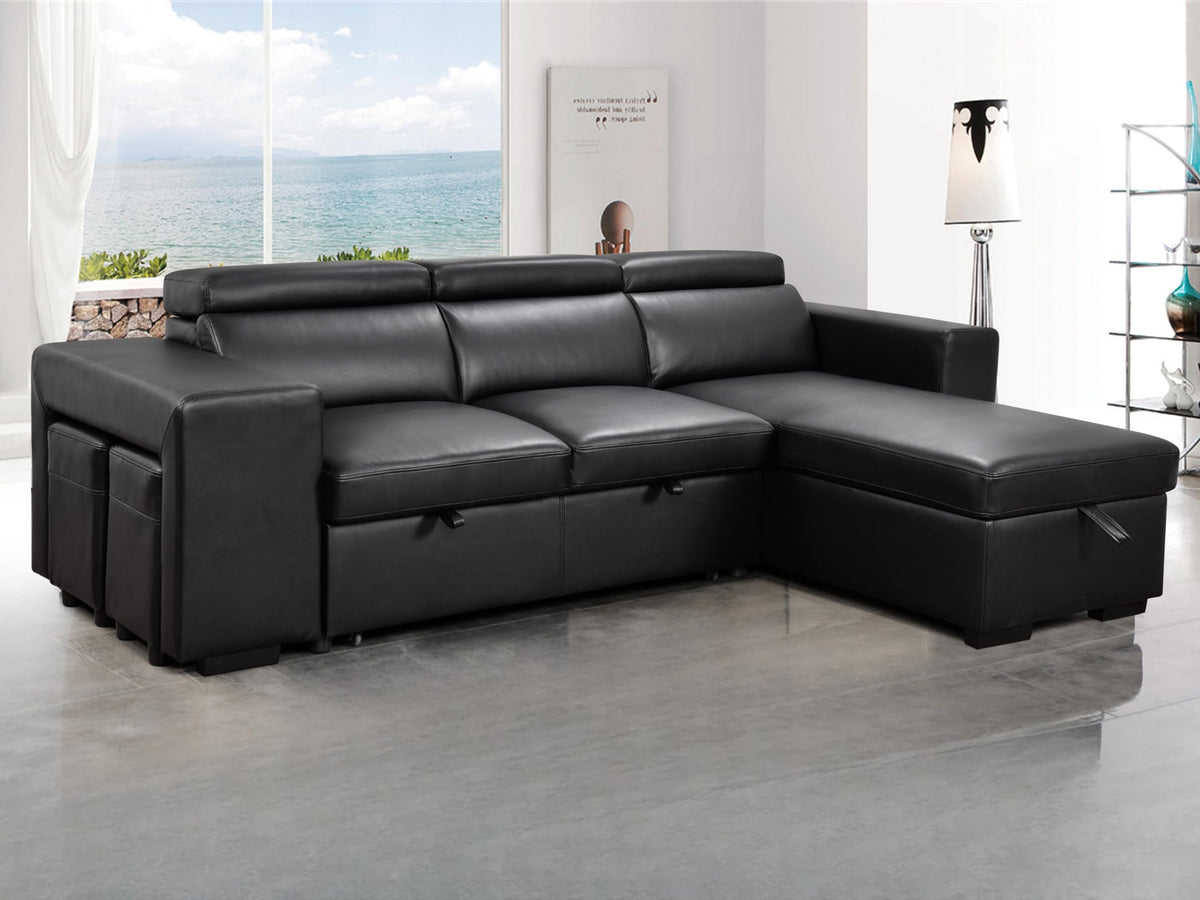 102'' Black Leather L Shaped Sectional Sleeper Sofa with Pull Out Bed