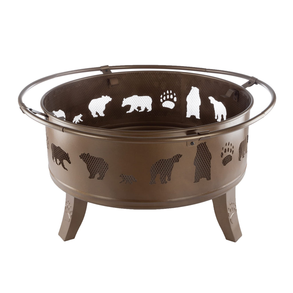 32" Outdoor Deep Fire Pit-Round Large Steel Bowl with Bear Cutouts, Mesh Spark Screen, Log Poker & Storage