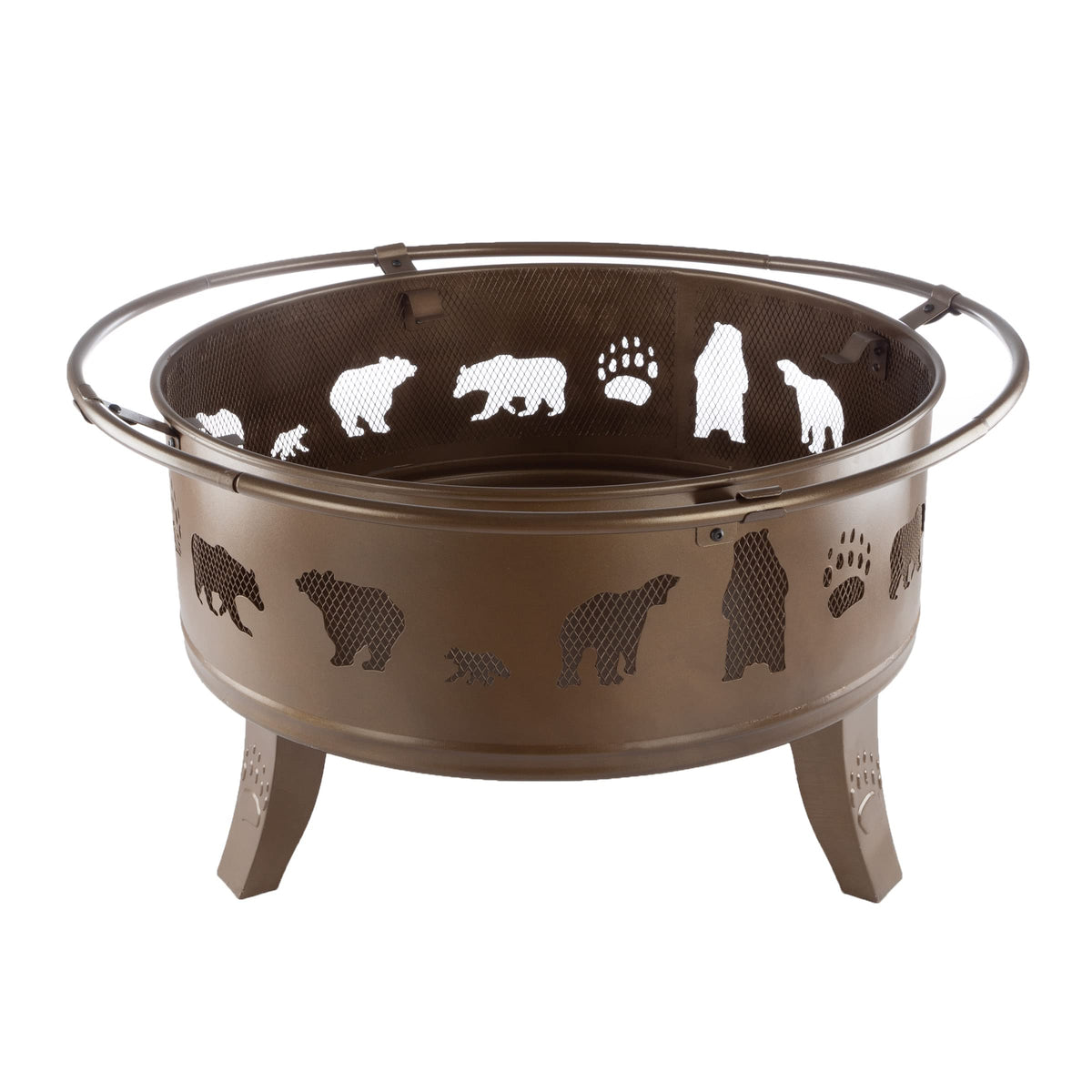 32" Outdoor Deep Fire Pit-Round Large Steel Bowl with Bear Cutouts, Mesh Spark Screen, Log Poker & Storage
