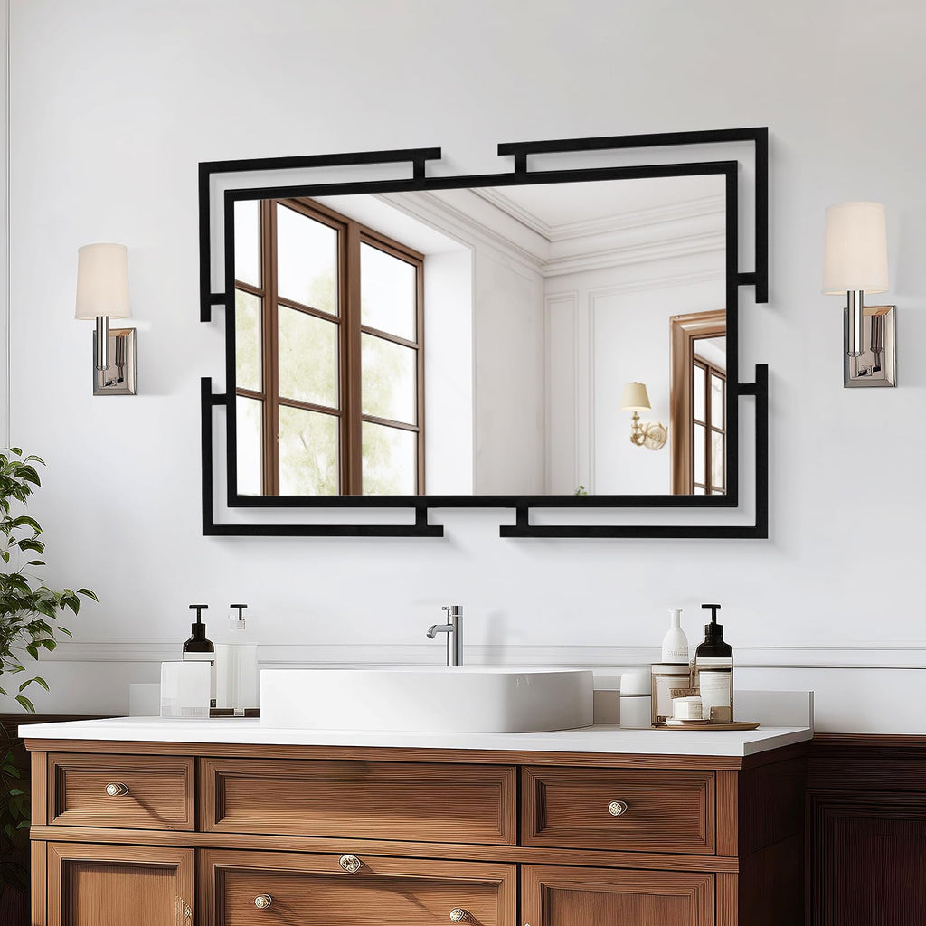 Large Decorative Wall Mirror, 24"x36" Black Mirror, Tempered Glass Wall Decor with Metal Frame, Modern Farmhouse