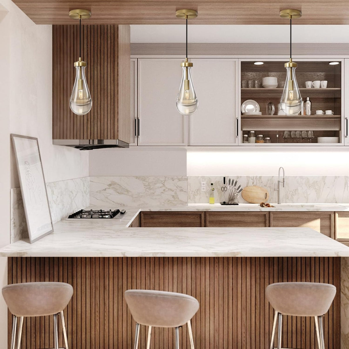 Raindrop Pendant Lights Kitchen Island Teardrop Gold Hanging Light Fixtures Clear Solid Glass Pendant Light Modern Chandeliers for Dining Room Porch Corridor Living Room