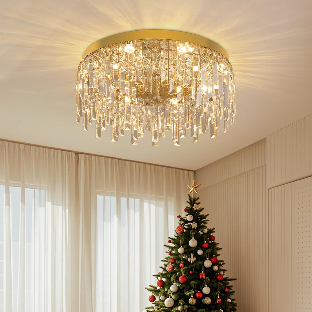 19.68-Inch Gold Crystal Dining Room Chandelier, Low-Profile Ceiling Fixture