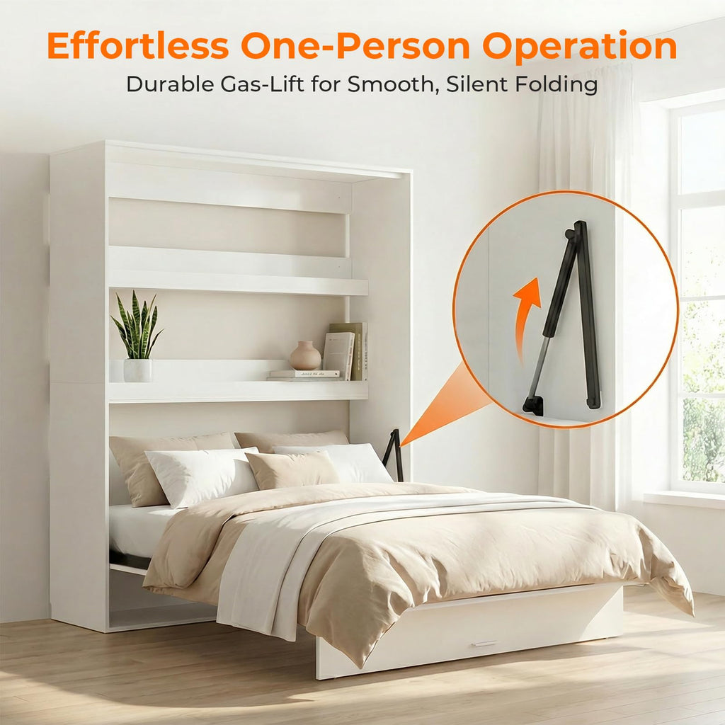 Full Vertical Murphy Bed Wall with Storage&Gas-Lift(Gloss White)