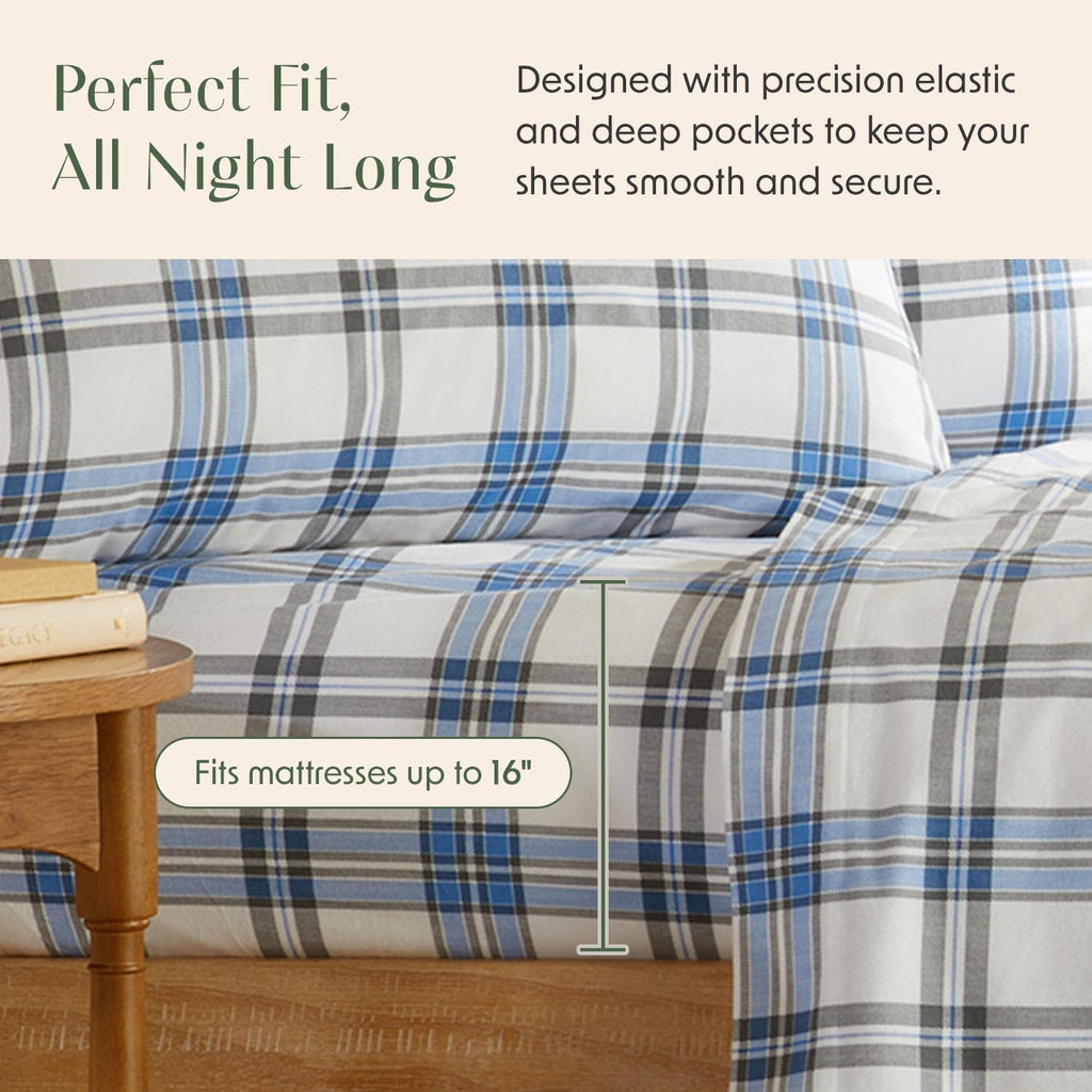 Portuguese Flannel Sheets | 100% Cotton - Plaid - Blue