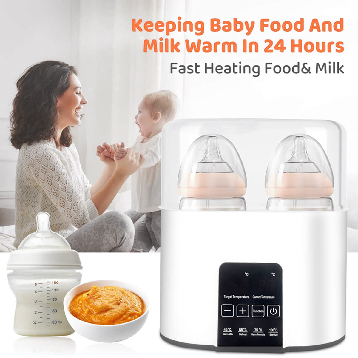 Double Baby Bottle Warmer 24H Constant Mode for All Bottles, Breastmilk Baby Milk Heater, Heating Baby Food, Formula