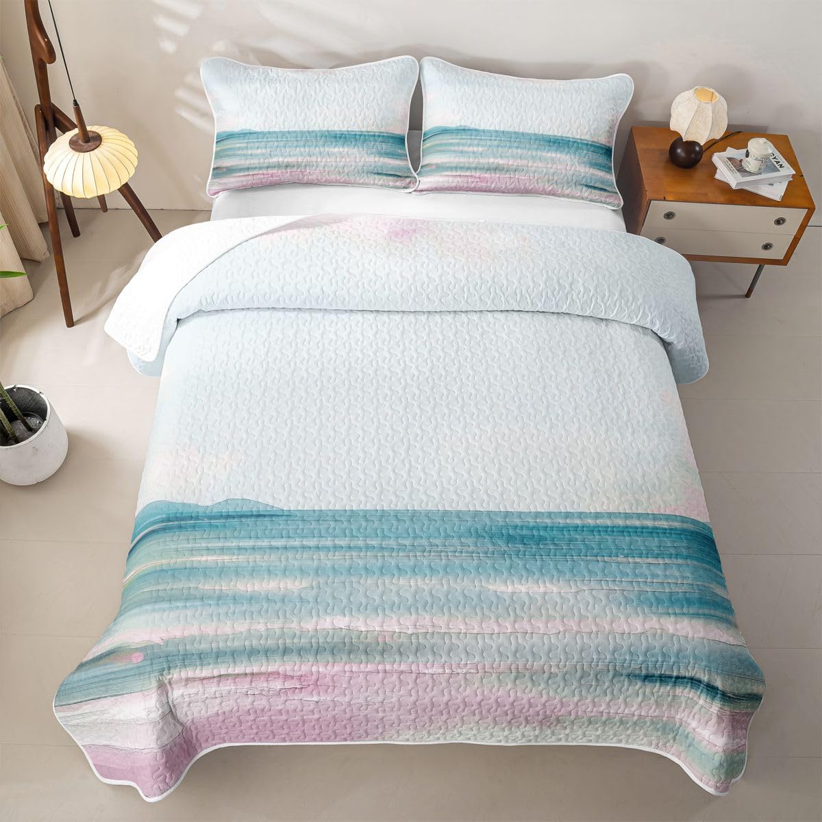 Abstract Beach Quilt Teal Pink Oil Painting Quilt Set Ocean Sea Wave Lake Quilted Bedspread Romantic Summer
