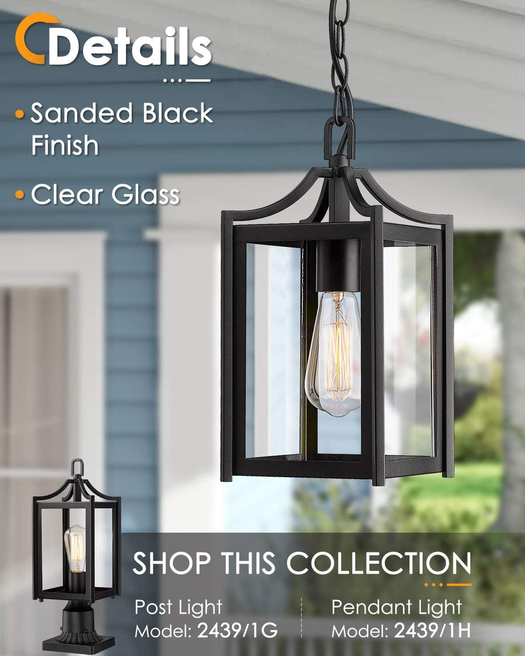 Outdoor Pendant Light, 14" Modern Hanging Chandelier with Adjustable Chain