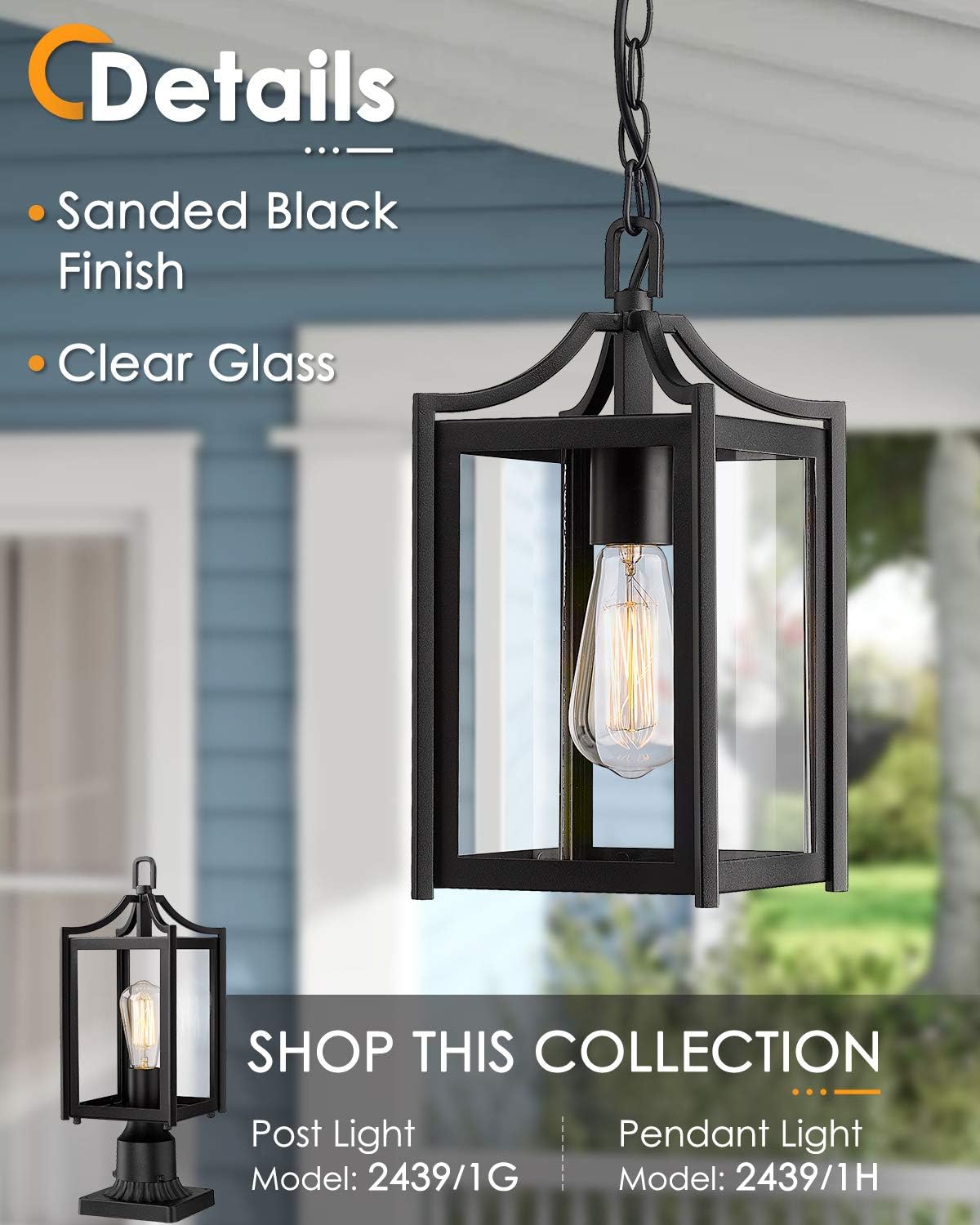 Outdoor Pendant Light, 14" Modern Hanging Chandelier with Adjustable Chain