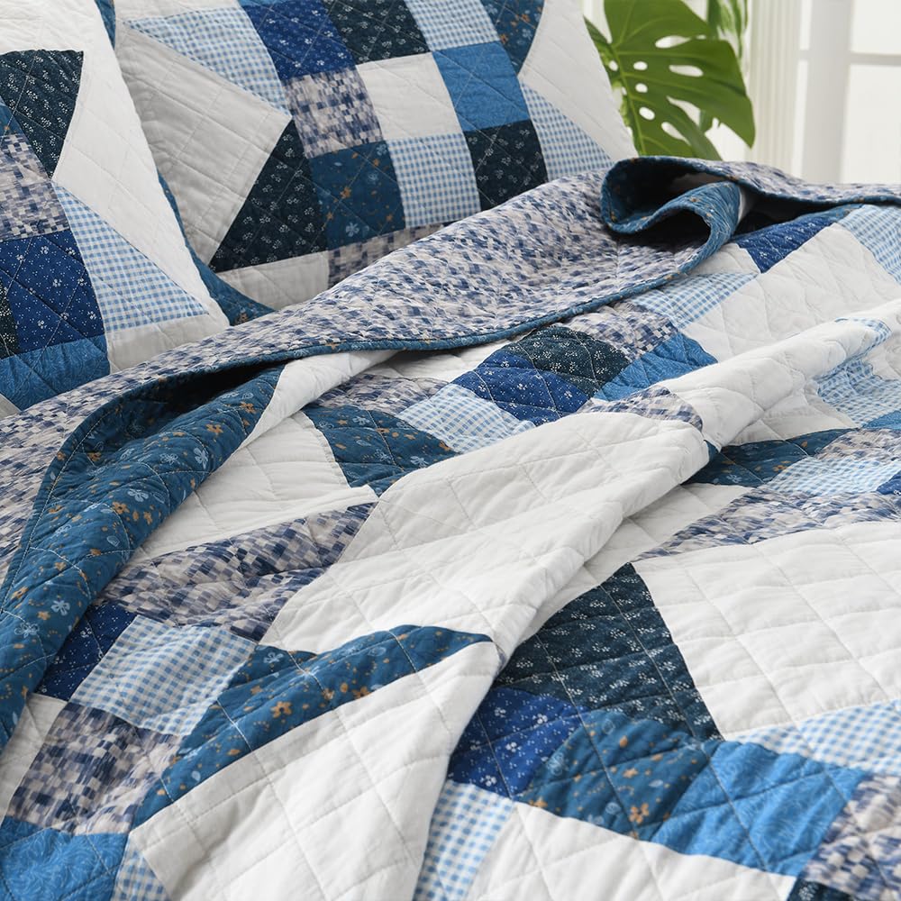 Cotton Quilt Bedding Sets 3 Pieces Soft Reversible Coverlets Luxury Star Real Patchwork Bedspread, Blue White