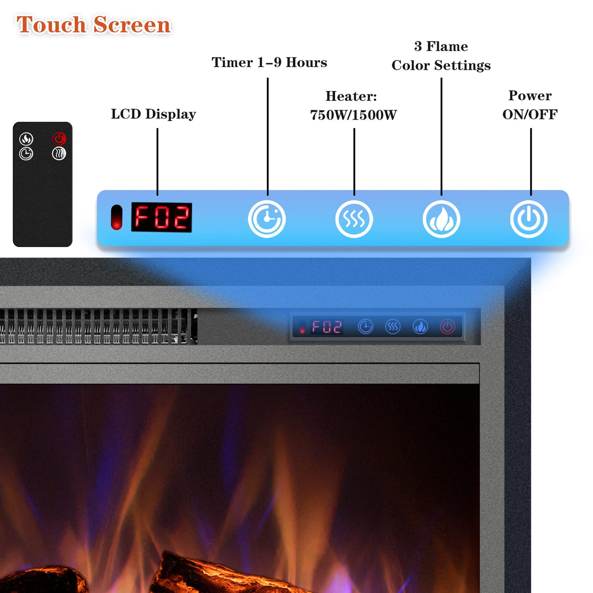 Electric Fireplace, 30" Electric Fireplace Inserts, Recessed Fireplace Heater with Remote Control, Adjustable Flame