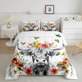 Highland Cow Floral Comforter Set Bull Cattle Flower Bedding Set Wildlife Farmhouse Cow Quilt Hummingbird