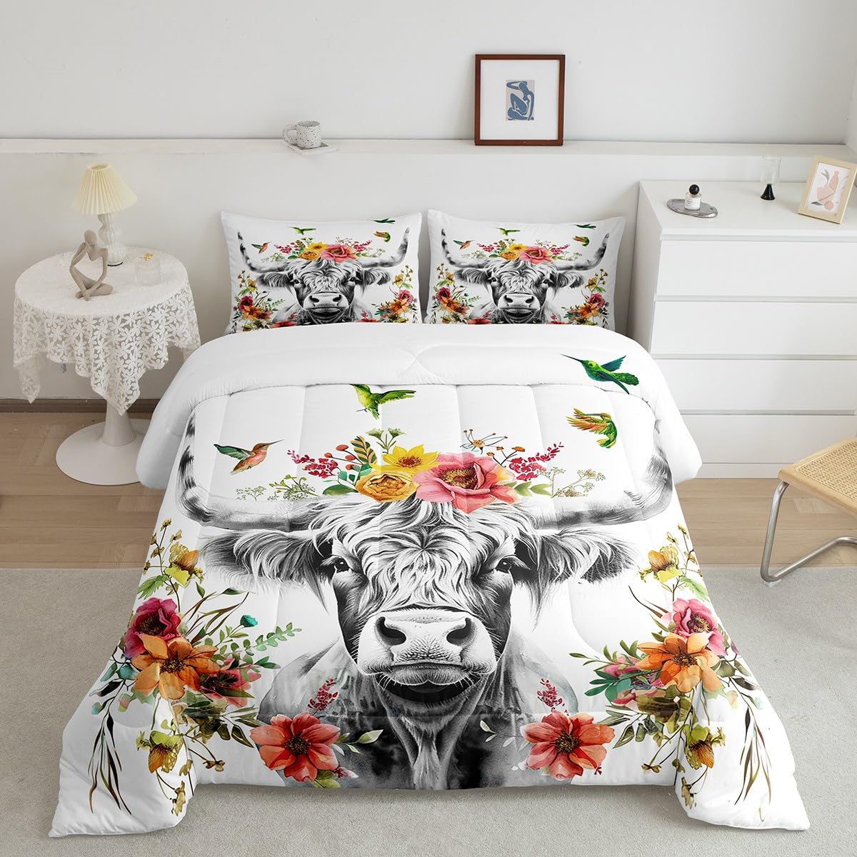 Highland Cow Floral Comforter Set Bull Cattle Flower Bedding Set Wildlife Farmhouse Cow Quilt Hummingbird