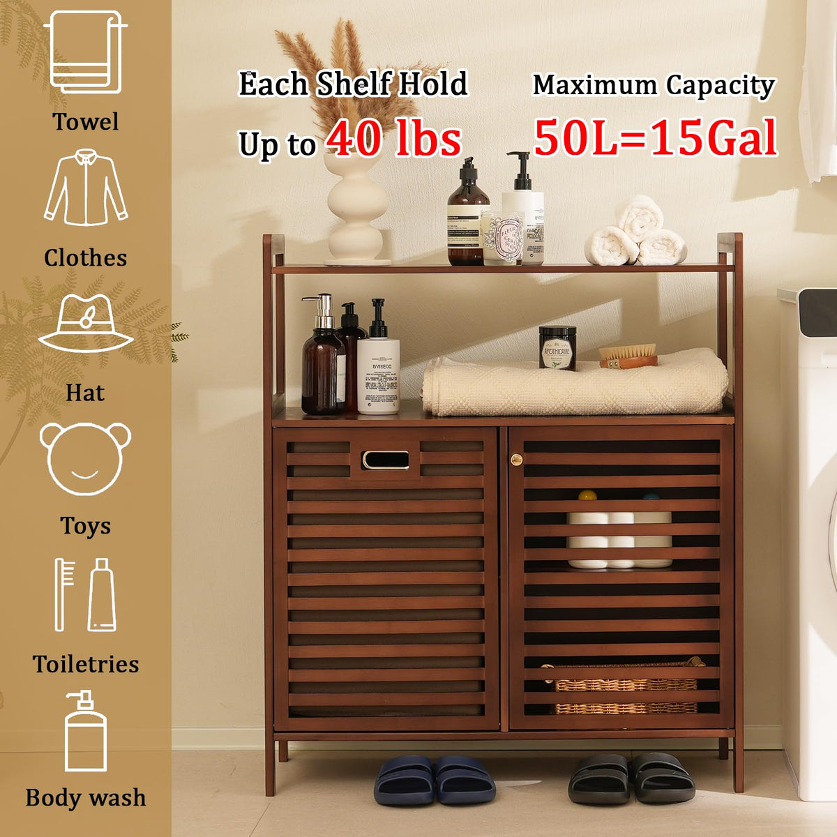 Tilt Out Laundry Hamper, Bamboo Double Laundry Hamper with Shelf