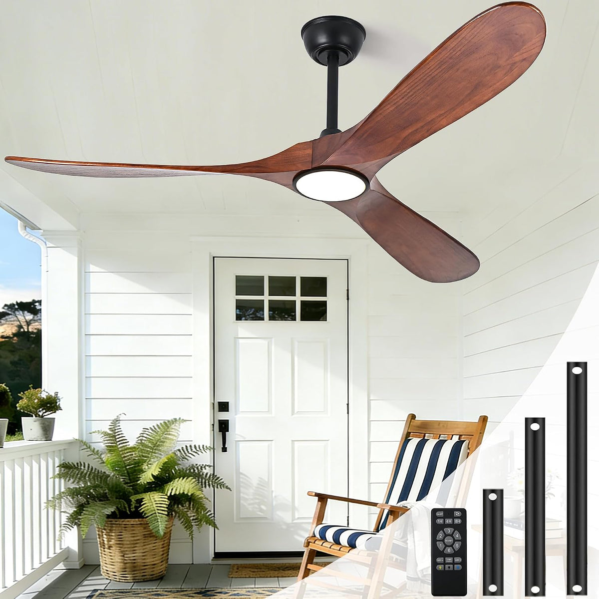52" Wood Outdoor Ceiling Fan with Light & Remote