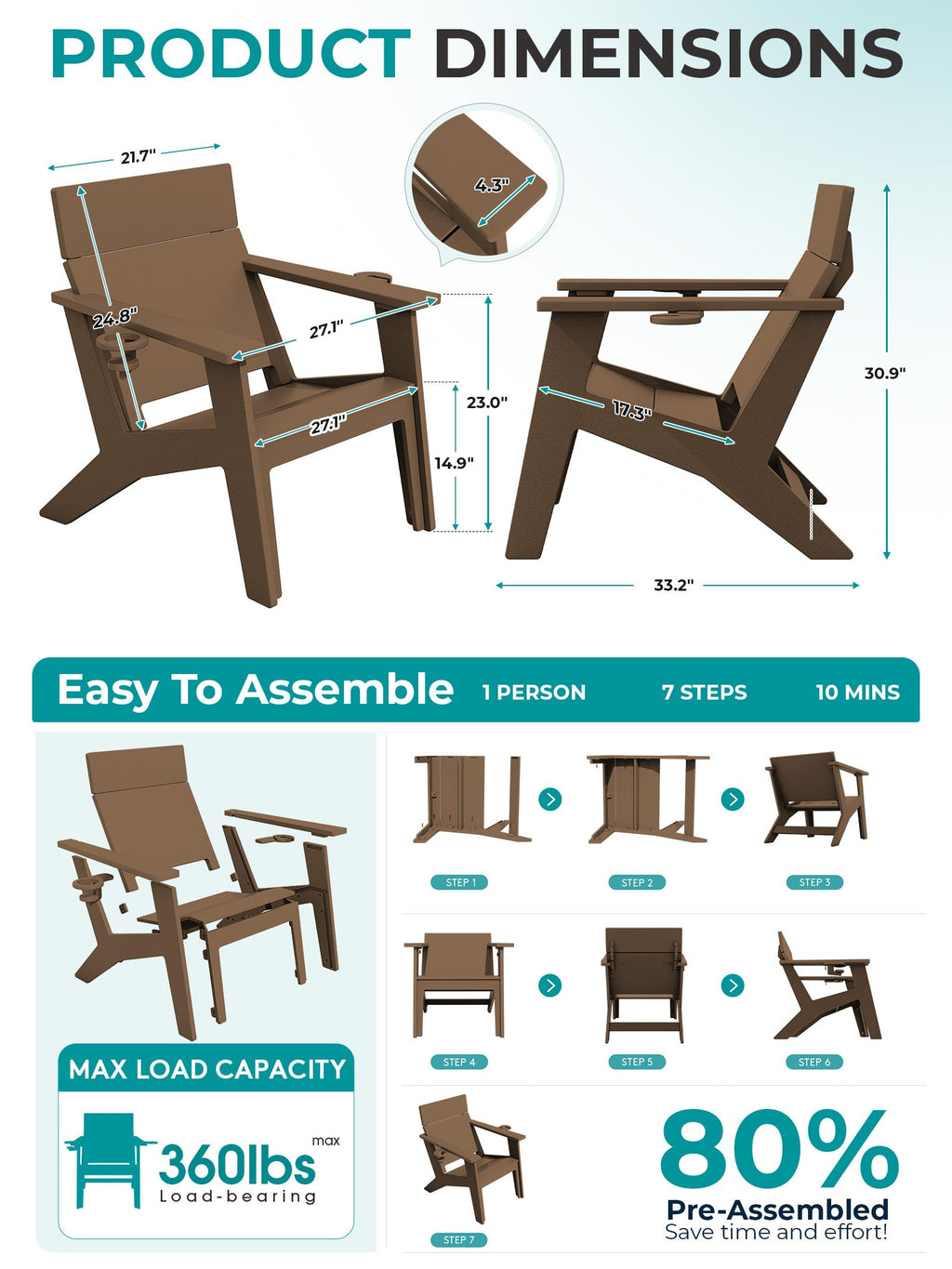 Modern Adirondack Chair Tall Lounge Chair Set of 6, Brown