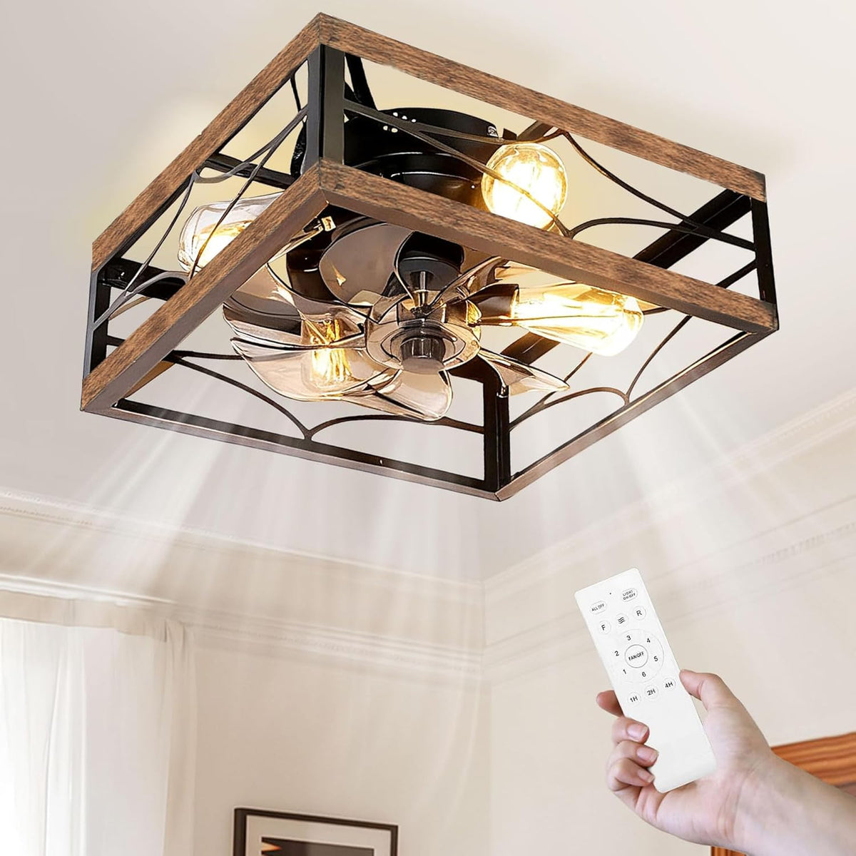 16" Flush Mount Caged Ceiling Fan with Light & Remote
