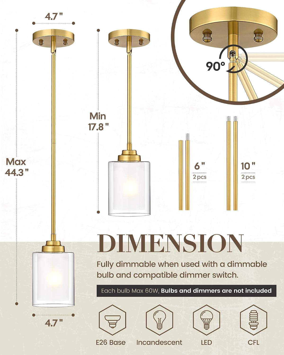 Modern Pendant Light, Brushed Gold Modern Pendant Light for Kitchen Island, Hanging Ceiling Light Fixture, Farmhouse