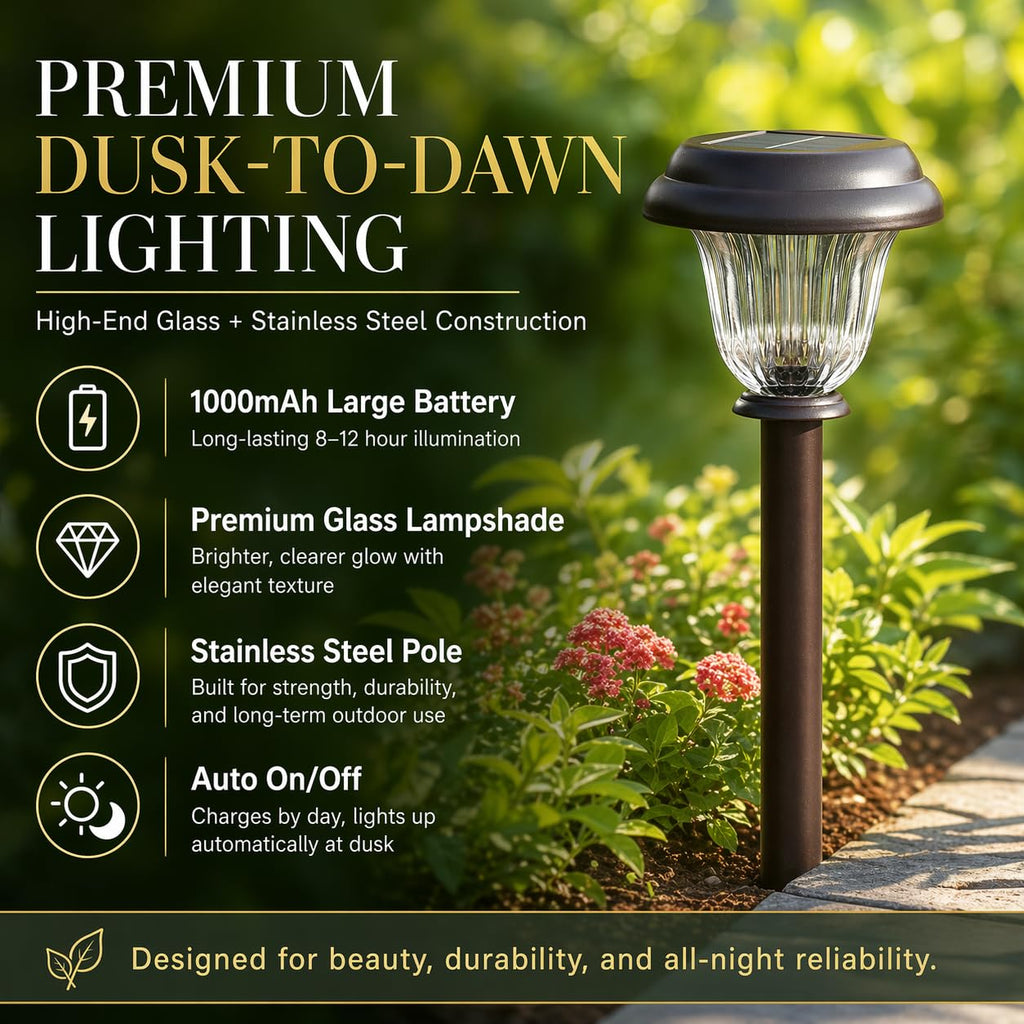 Solar Lights Outdoor, 6 Pack Brushed Stainless Steel Glass Solar Pathway Lights, Auto On/Off Long-Lasting Outdoor