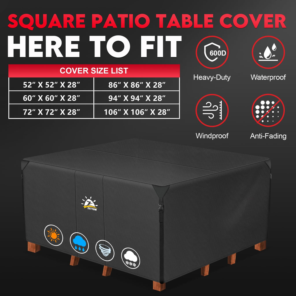 Patio Furniture Cover Square - 600D Outdoor Table Cover Waterproof & Heavy Duty, 86 Inch Large Lawn Furniture Set